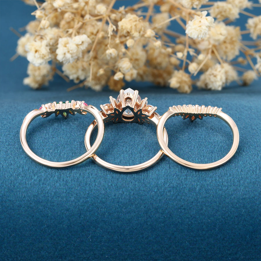 Pear cut Moissanite Rose Gold Matching Diamonds | Lab Grown Emerald Wedding bridal set