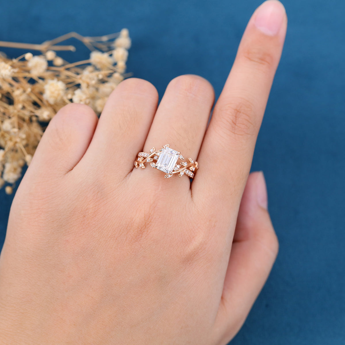 Copy of Nature Inspired Emerald cut Moss Agate Leaf Gold Engagement Ring