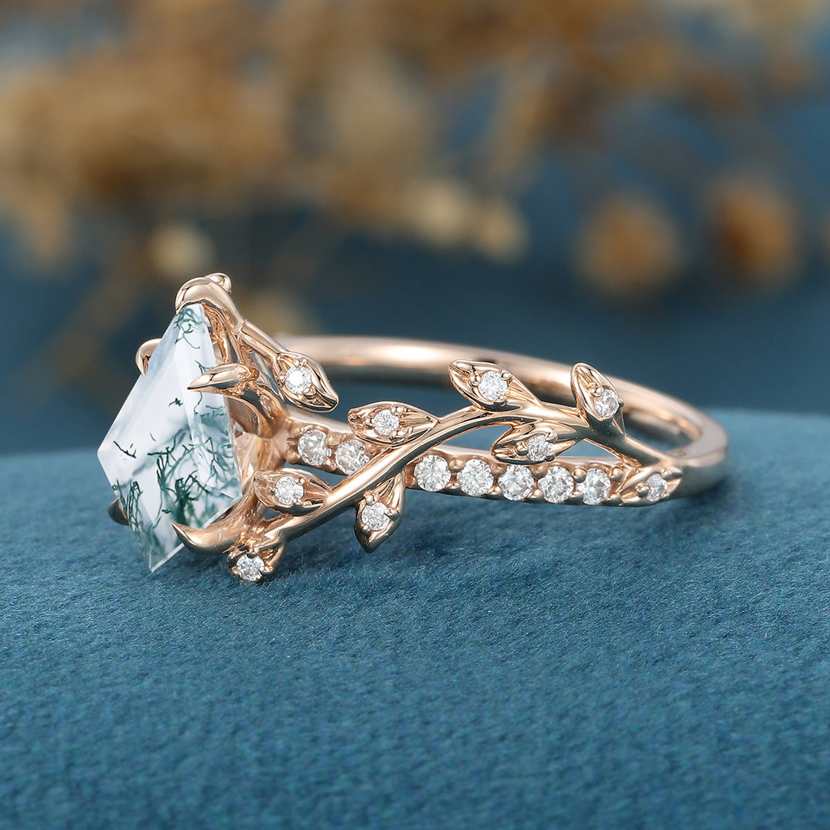 Kite Cut Natural Green Moss Agate Cluster Engagement Ring 