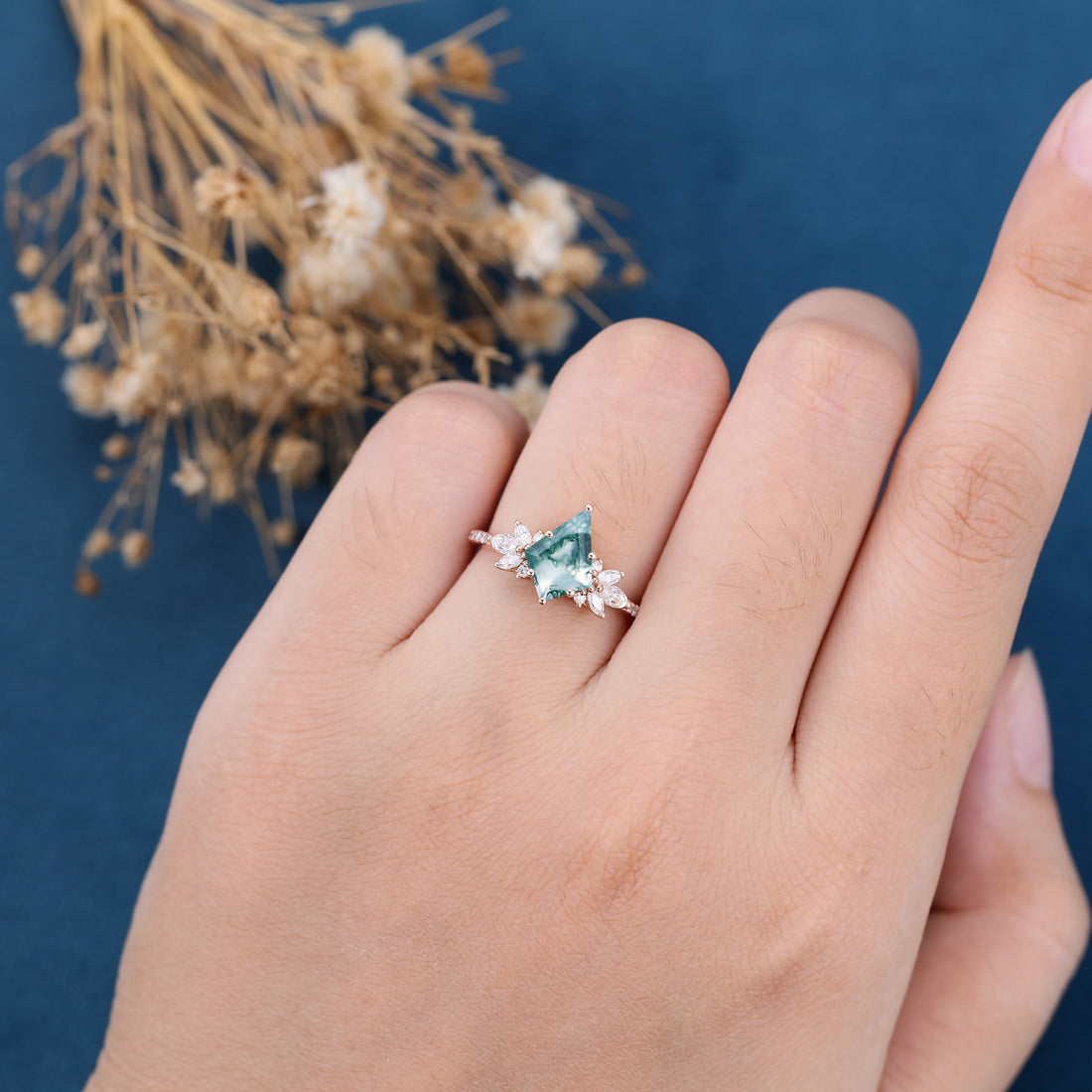 Kite Cut Natural Green Moss Agate Cluster Engagement Ring