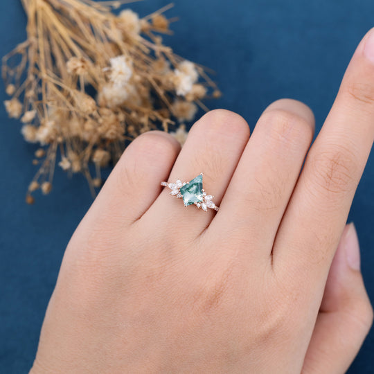 Kite Cut Natural Green Moss Agate Cluster Engagement Ring 