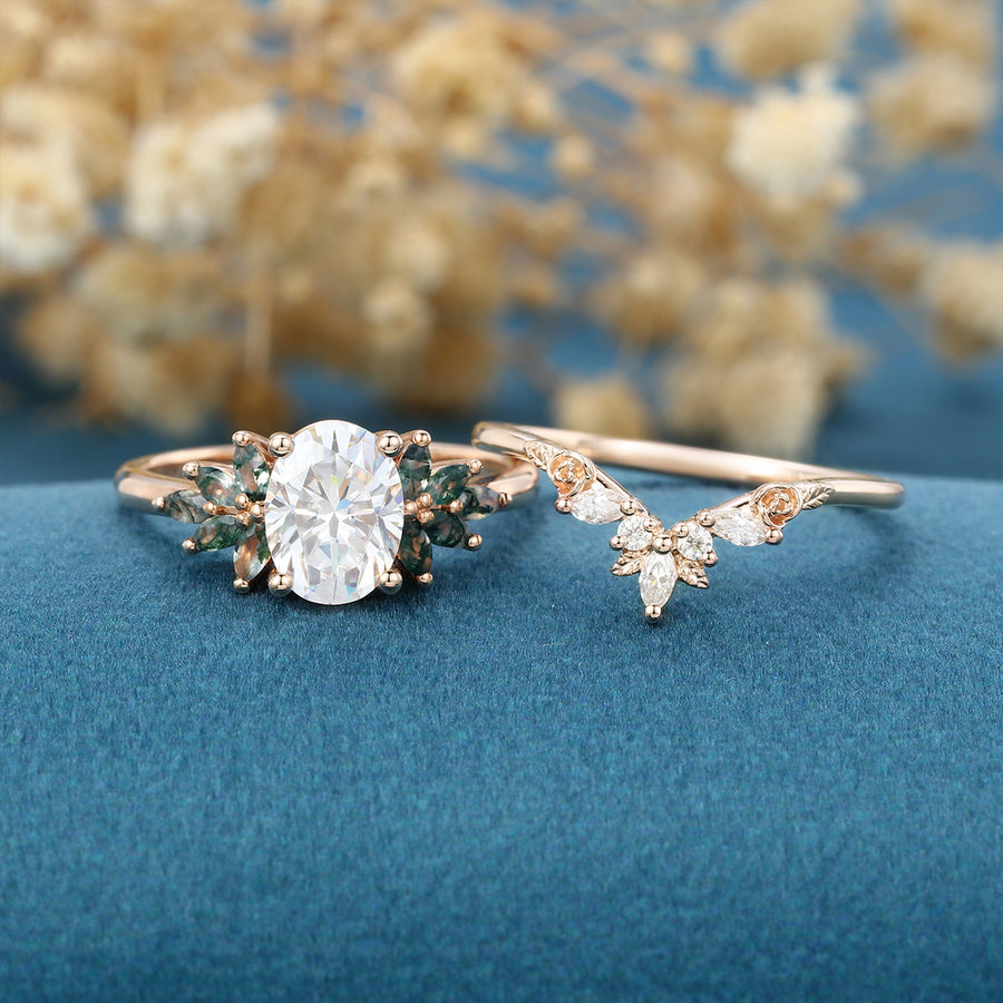 Oval Cut Moissanite+Moss Agate Rose Gold Wedding Bridal set