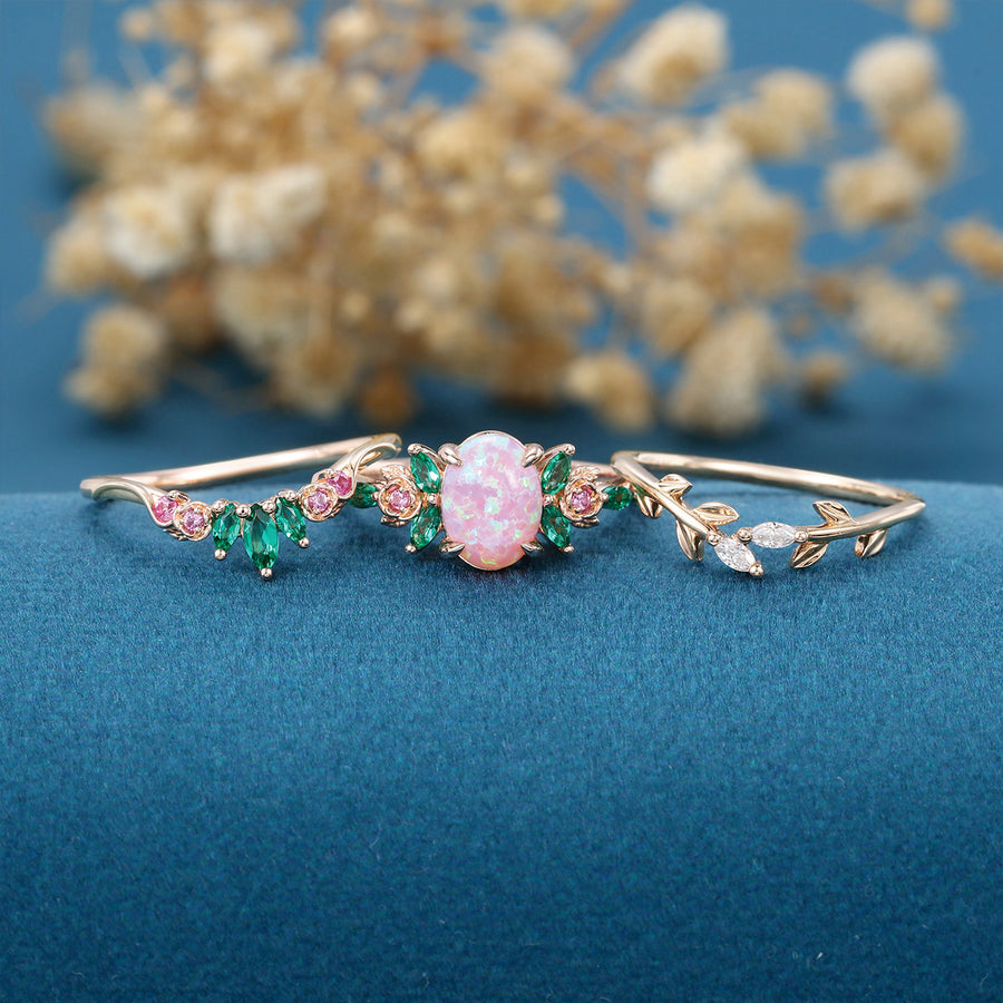 Oval cut Lab Pink Opal Rose Gold Matching Moissanite | Lab Grown Emerald |  Natural Pink Sapphires  Rose Gold Wedding Bridal Set