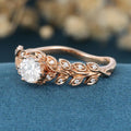 Nature Inspired Round cut Moissanite Leaf Gold Engagement Ring