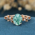 Nature Inspired Oval cut Moss Agate Leaf Gold Engagement Ring