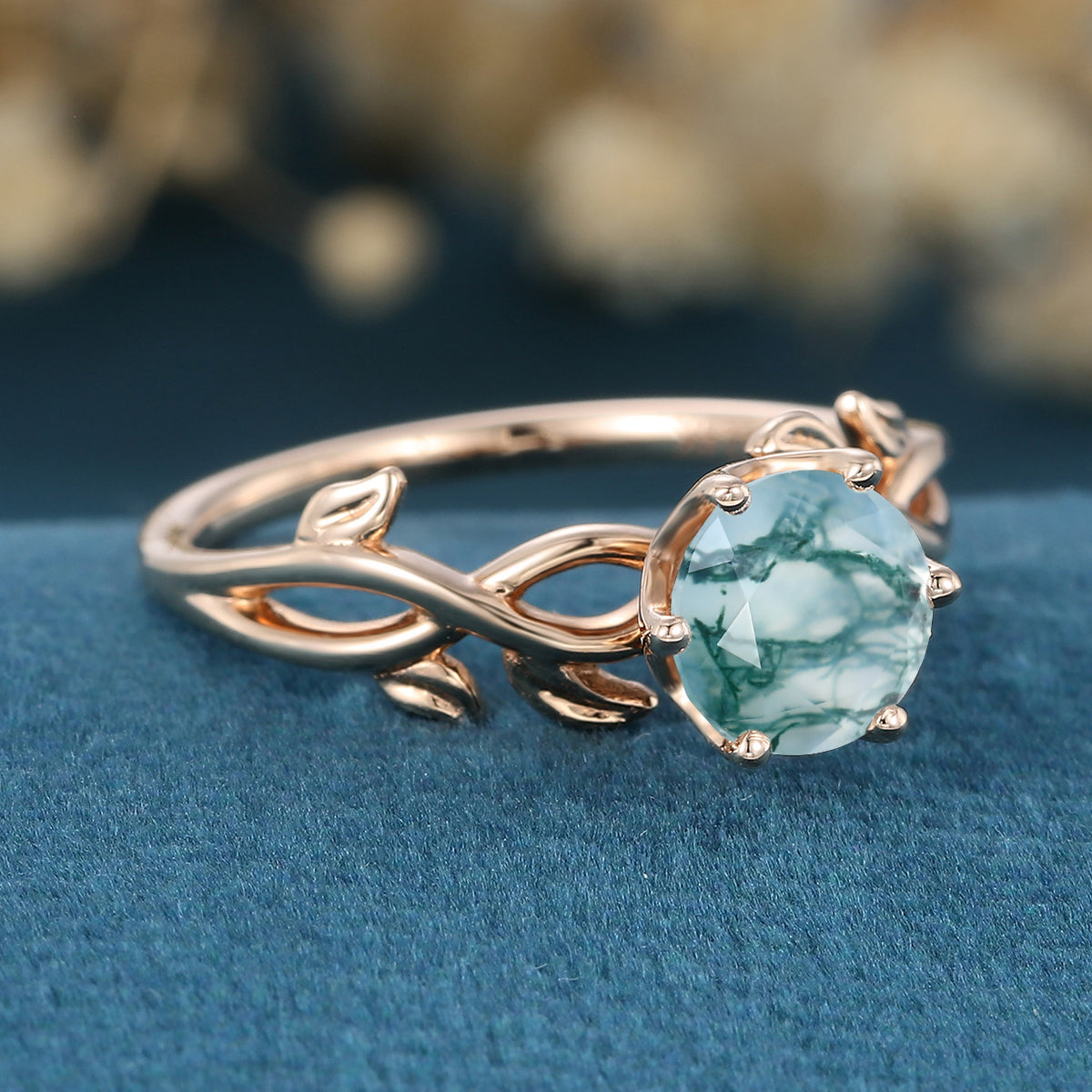 Nature Inspired Roud cut Moss Agate Leaf Gold ring set