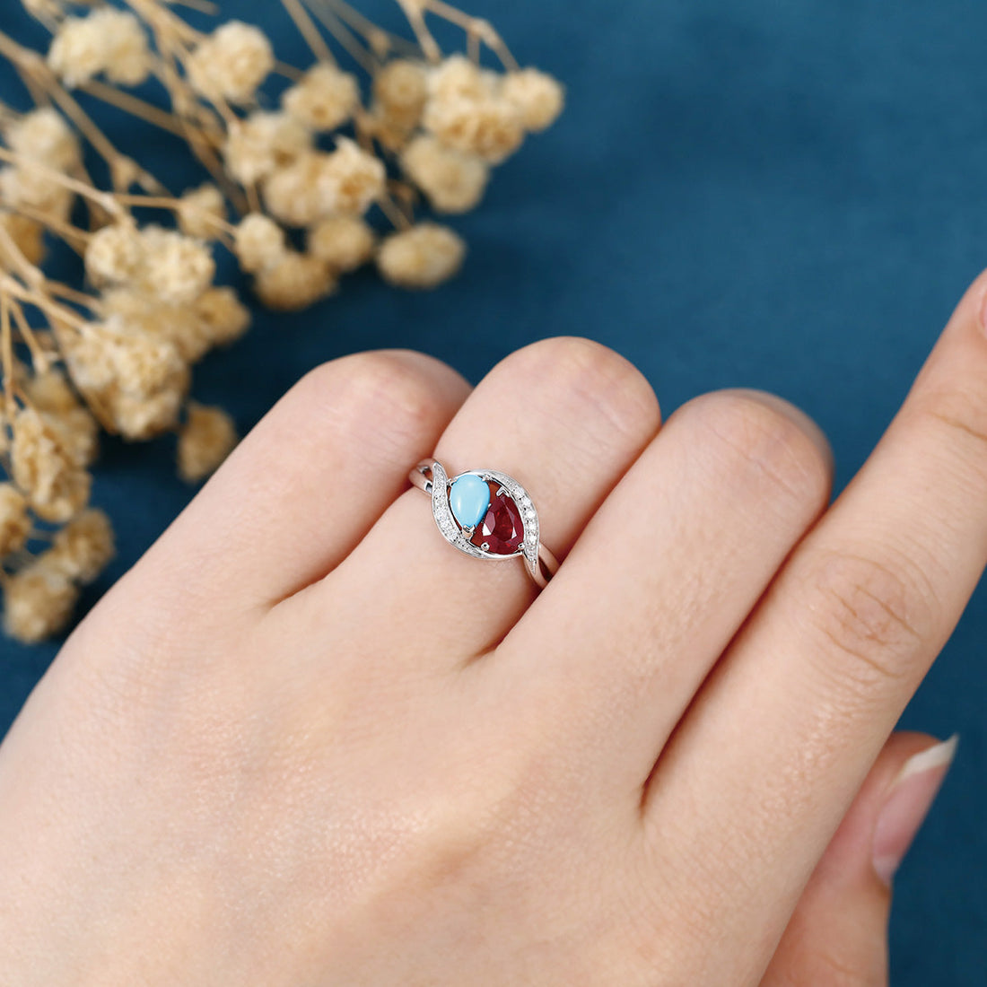 Pear cut Turquoise | Lab grown Ruby Two-Stone White Gold Engagement Ring