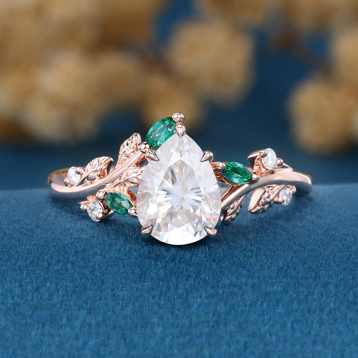 Pear cut Moissanite Engagement ring + Lab Emerald Engagement Ring