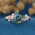 Pear cut Moss Agate + Lab Emerald Engagement Ring