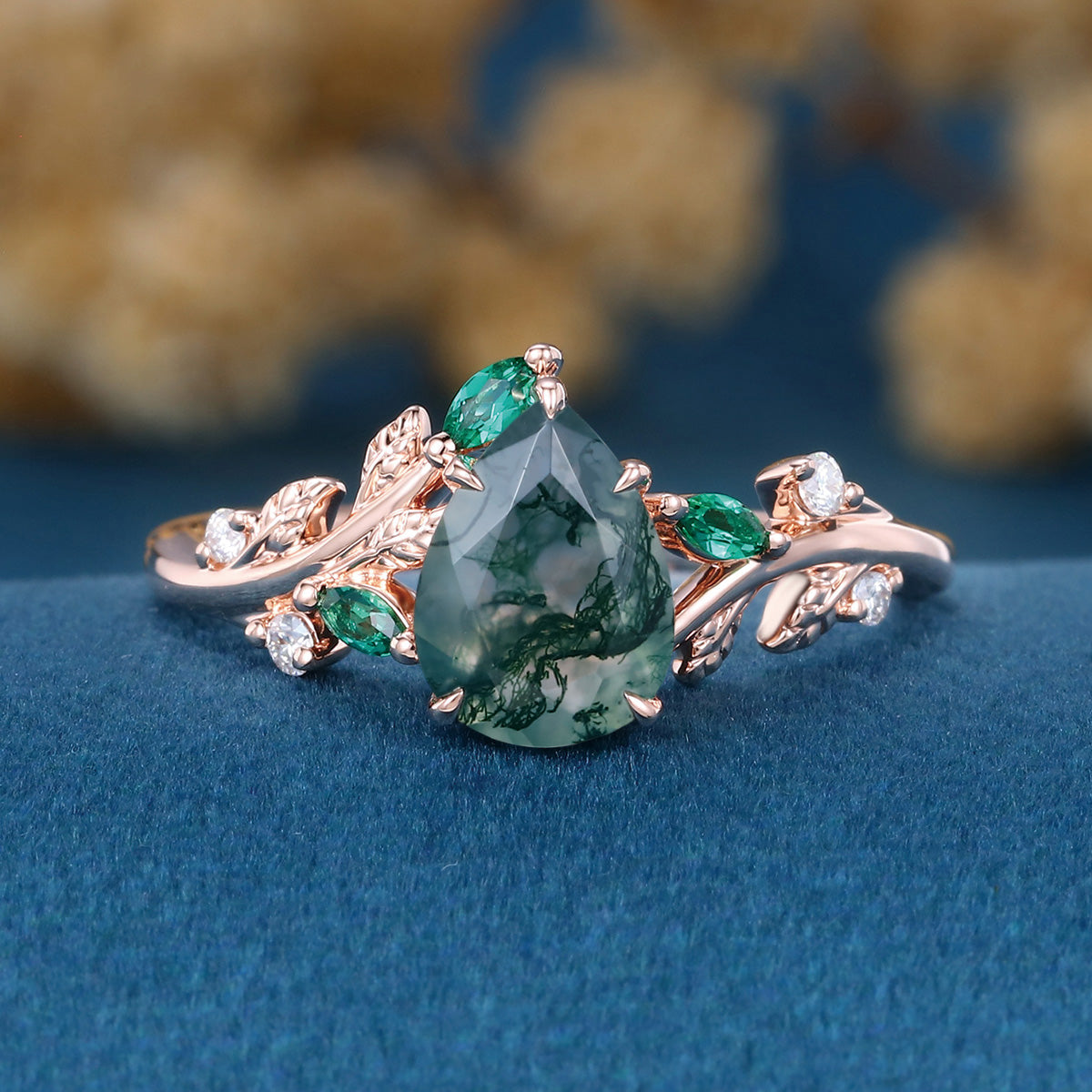 Pear cut Moss Agate + Lab Emerald Engagement Ring