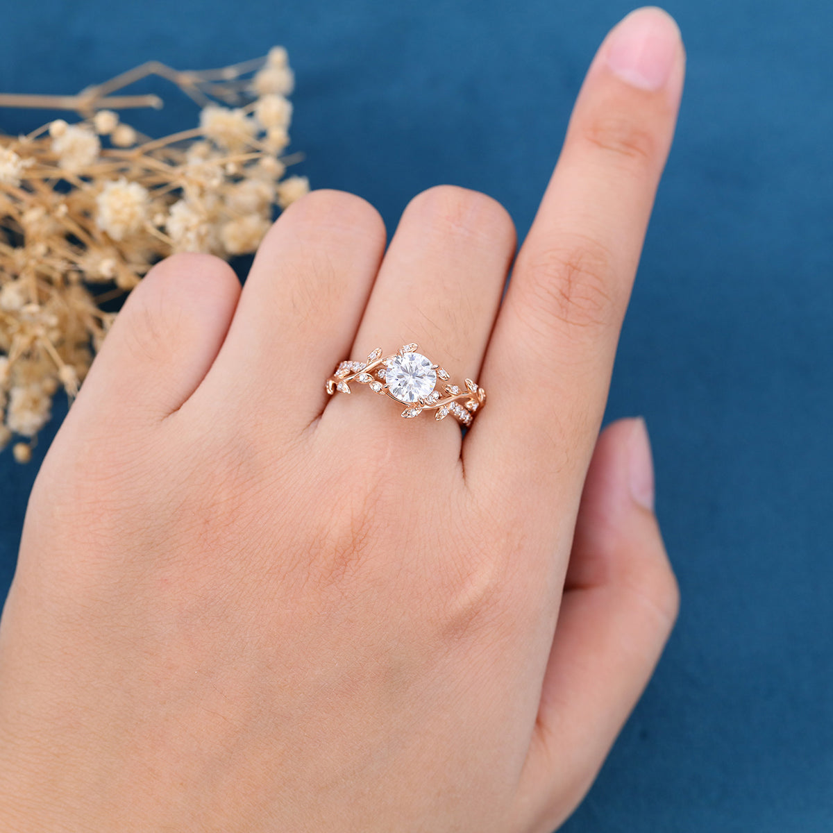 Nature Inspired Round cut Moissanite Leaf Gold Engagement Ring