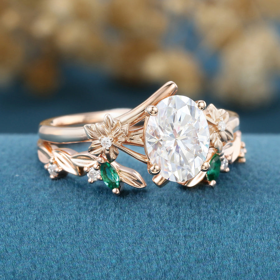 Oval cut Moissanite Rose Gold Matching Moissanite | Lab Grown Emerald Rose Gold Wedding Bridal Set