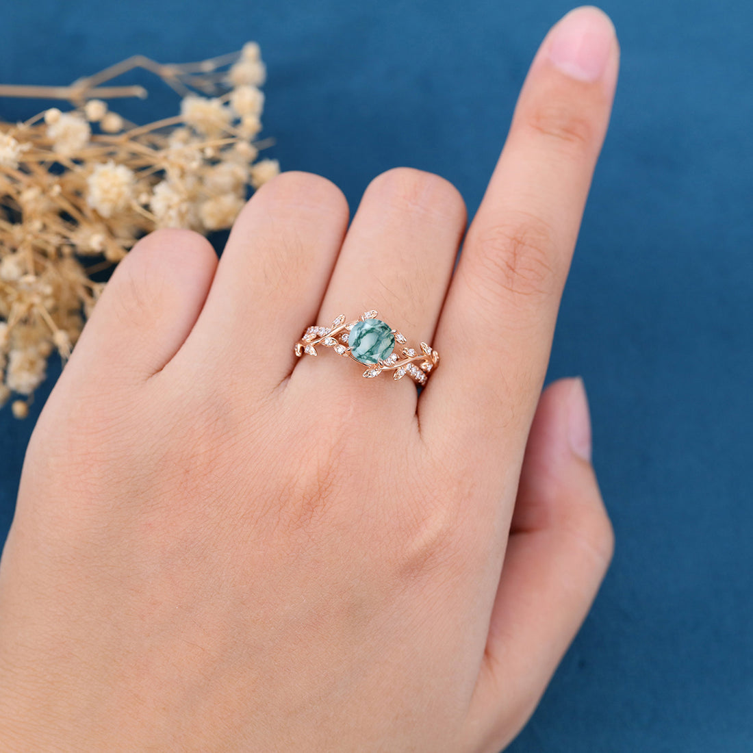 Nature Inspired Round cut Moss Agate Leaf Gold Engagement Ring