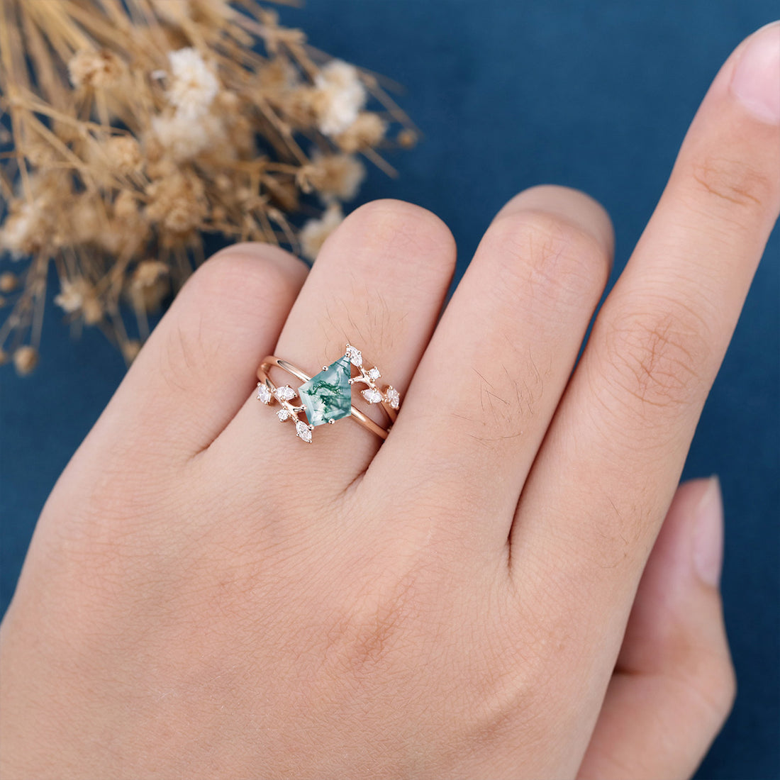 Kite Cut Natural Green Moss Agate Cluster Engagement Ring