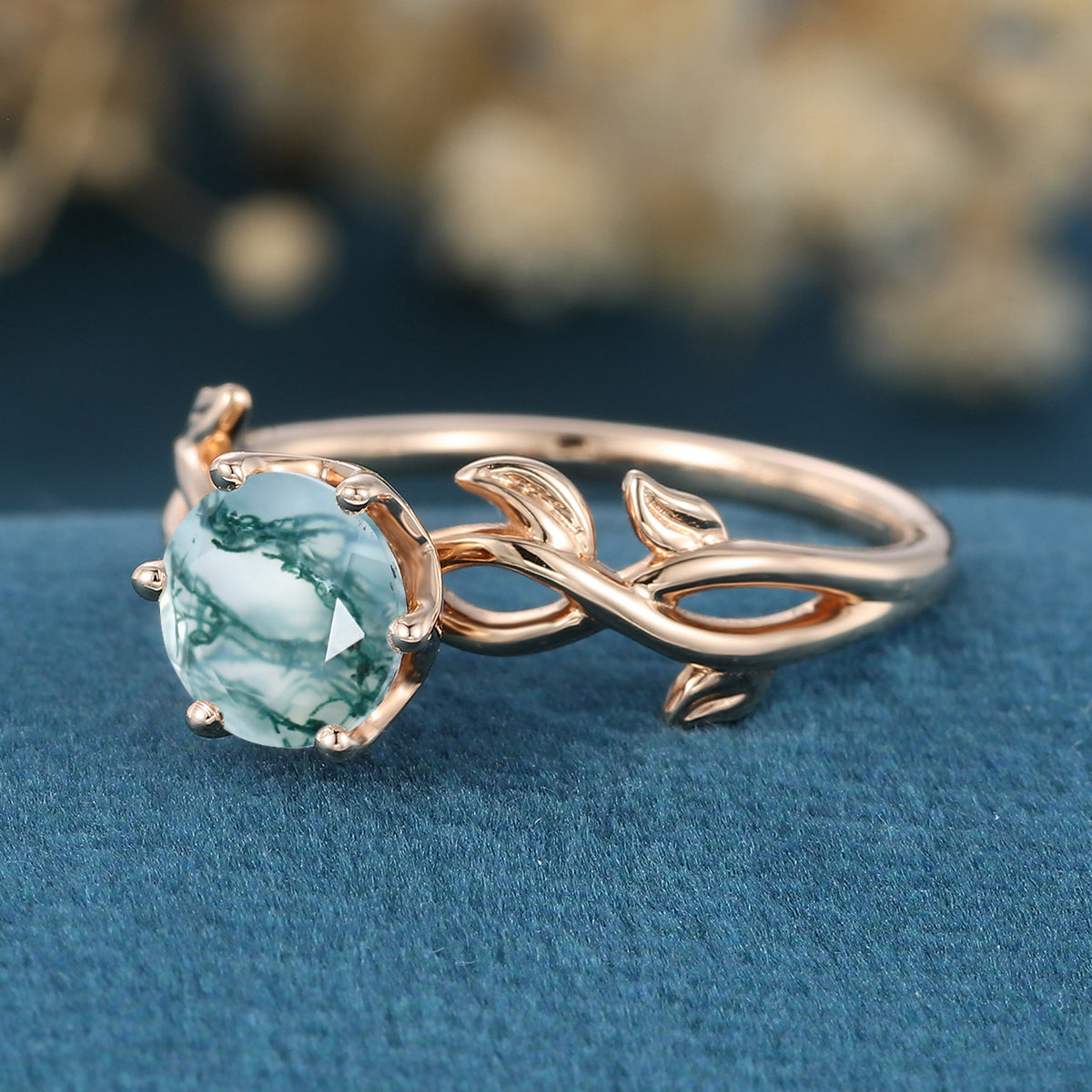 Nature Inspired Roud cut Moss Agate Leaf Gold ring set