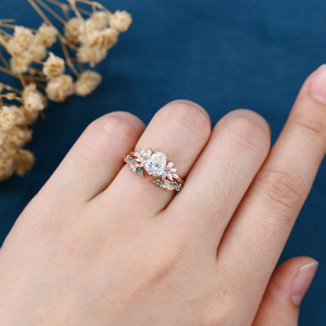 Pear cut Lab-Grown Diamond Engagement ring +Moss agate Wedding Bridal set