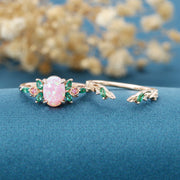 Oval cut Lab Pink Opal Rose Gold Matching Moissanite | Lab Grown Emerald Rose Gold Wedding Bridal Set