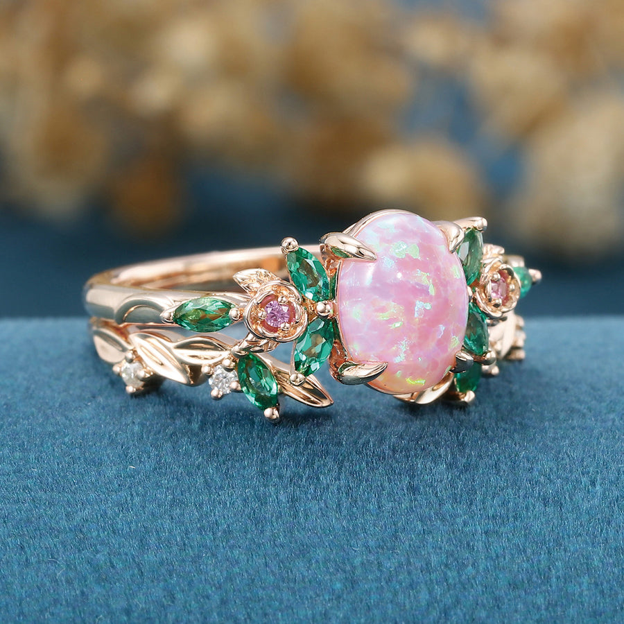 Oval cut Lab Pink Opal Rose Gold Matching Moissanite | Lab Grown Emerald Rose Gold Wedding Bridal Set