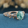 Nature Inspired Oval cut Moss Agate Leaf Gold Engagement Ring