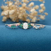 Oval cut Moissanite Matching Diamonds | Lab Grown Emerald |  Natural Pink Sapphires  Rose Gold Wedding Bridal Set