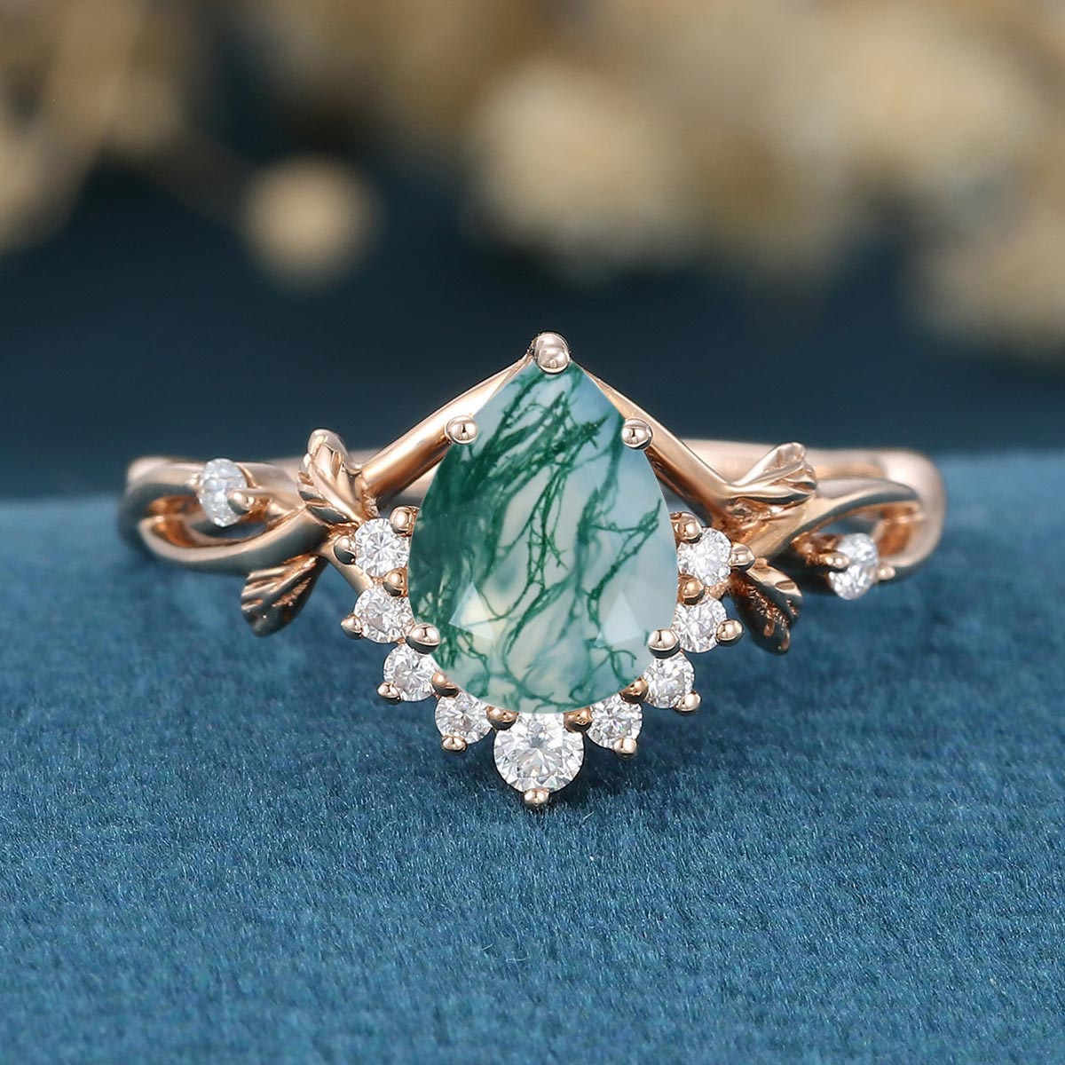 Nature Inspired Pear cut Moss Agate Leaf Gold Engagement Ring