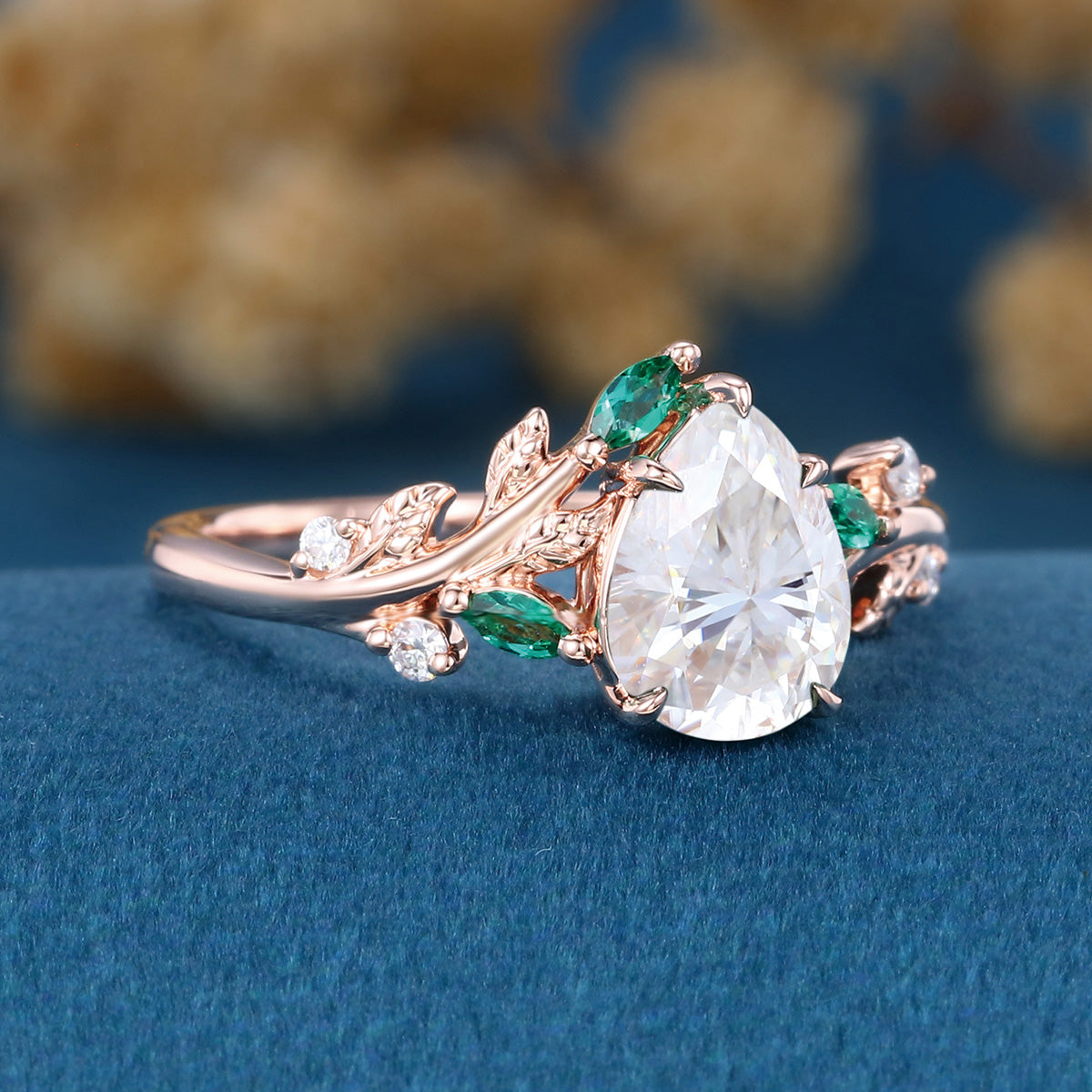 Pear cut Moissanite Engagement ring + Lab Emerald Engagement Ring