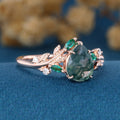 Pear cut Moss Agate + Lab Emerald Engagement Ring