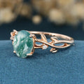 Nature Inspired Oval cut Moss Agate Leaf Gold Engagement Ring