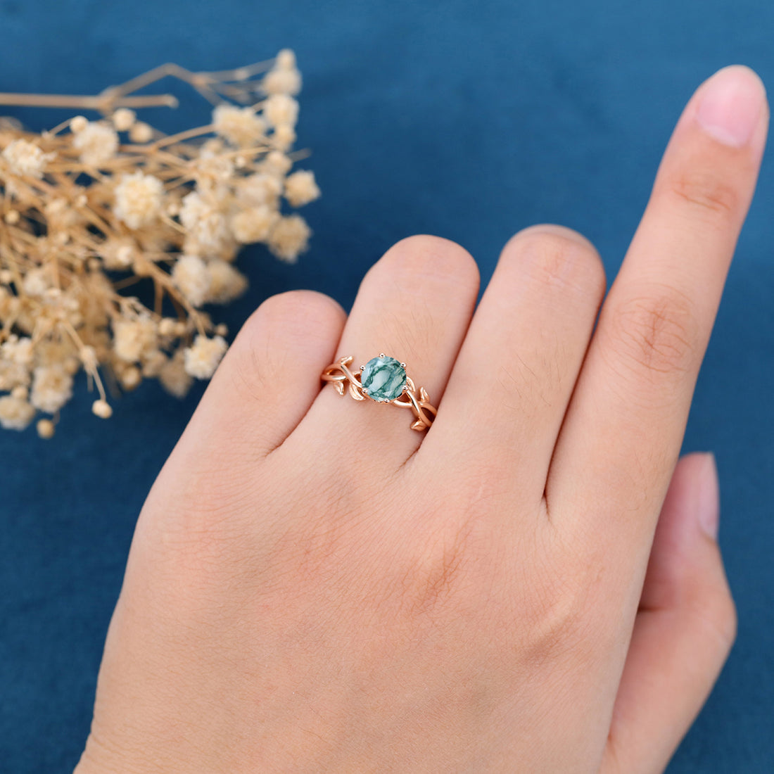 Nature Inspired Roud cut Moss Agate Leaf Gold ring set