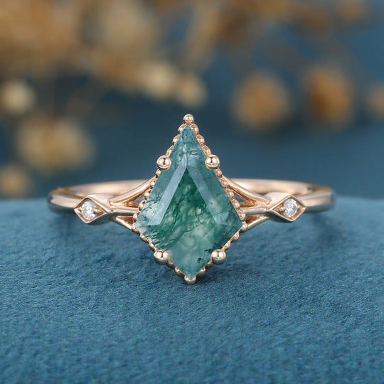 Kite Cut Natural Green Moss Agate Cluster Engagement Ring 