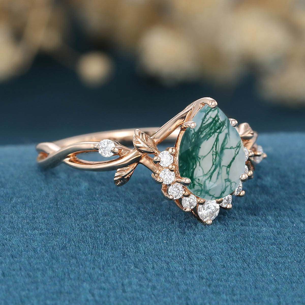 Nature Inspired Pear cut Moss Agate Leaf Gold Engagement Ring