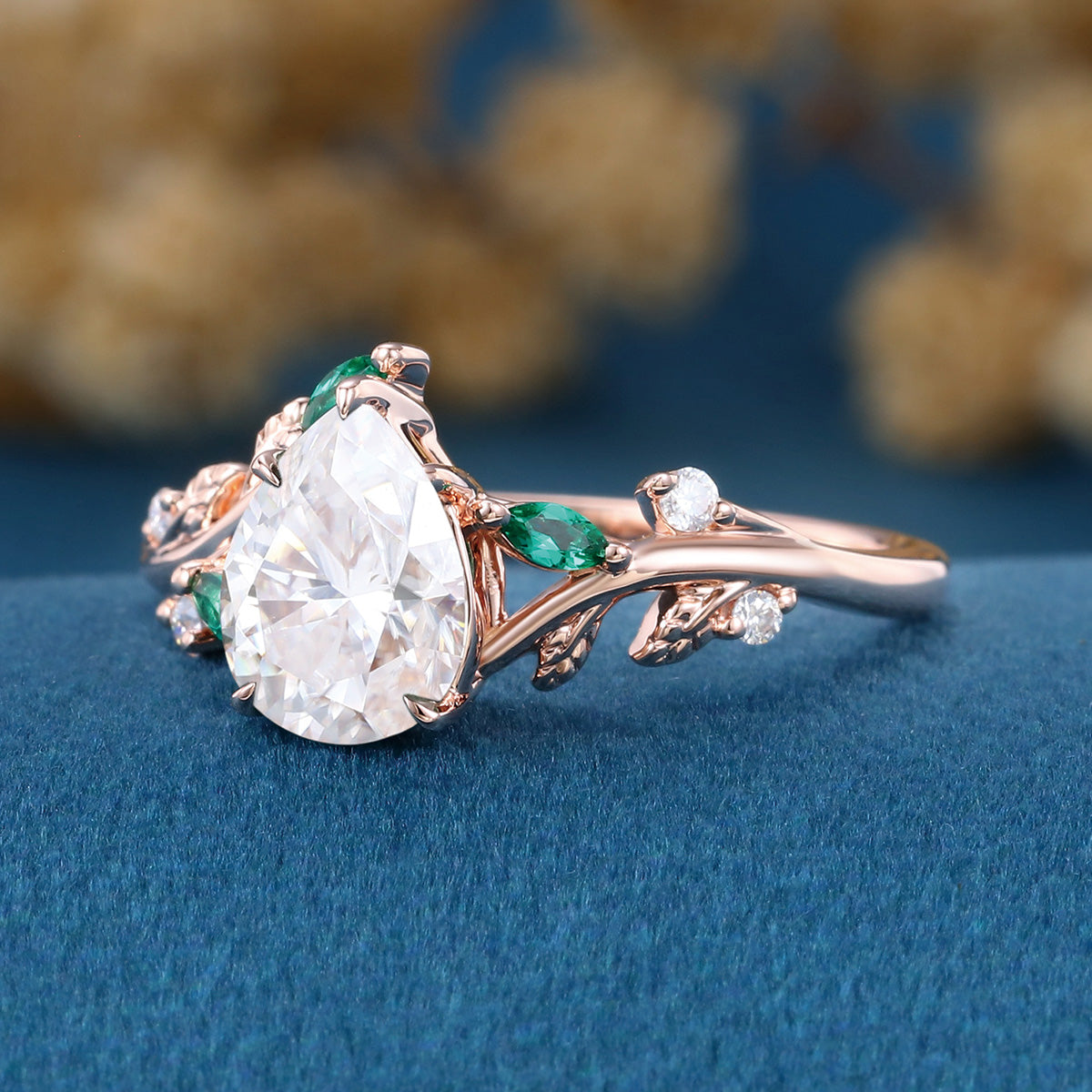 Pear cut Moissanite Engagement ring + Lab Emerald Engagement Ring