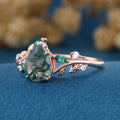 Pear cut Moss Agate + Lab Emerald Engagement Ring