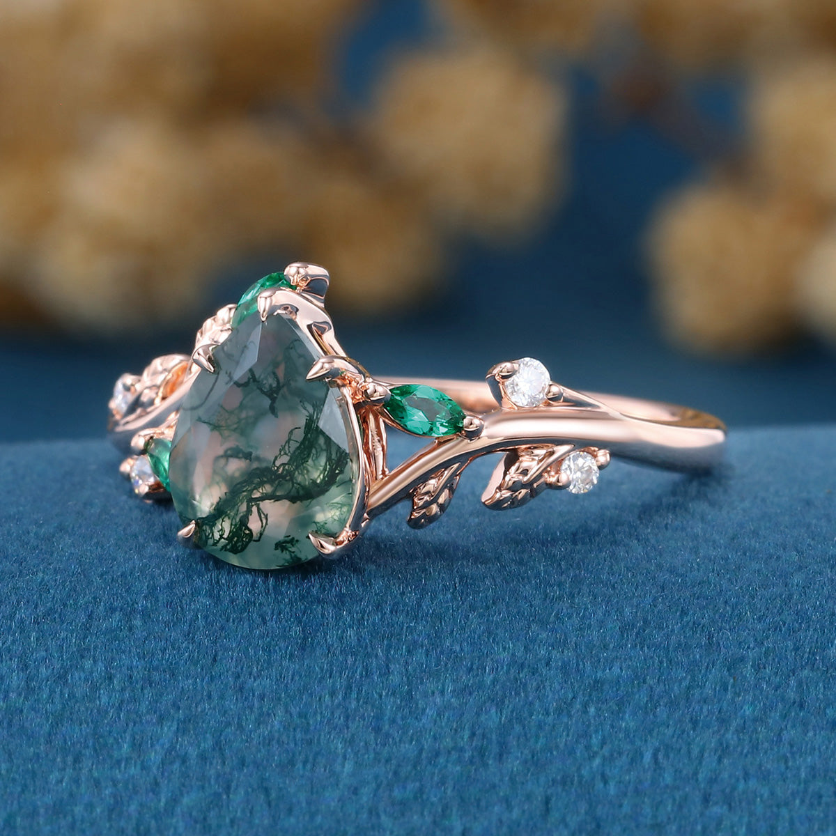 Pear cut Moss Agate + Lab Emerald Engagement Ring