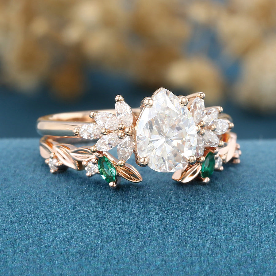 Pear cut Moissanite Matching Diamonds | Lab Grown Emerald Rose Gold Wedding Bridal Set