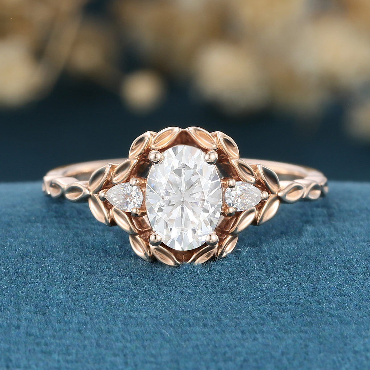 Nature Inspired Round cut Moissanite Leaf Gold Engagement Ring