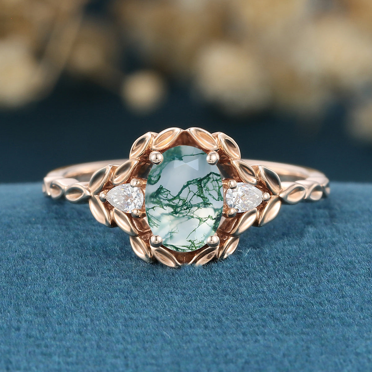 Nature Inspired Round cut Moss Agate Leaf Gold ring set