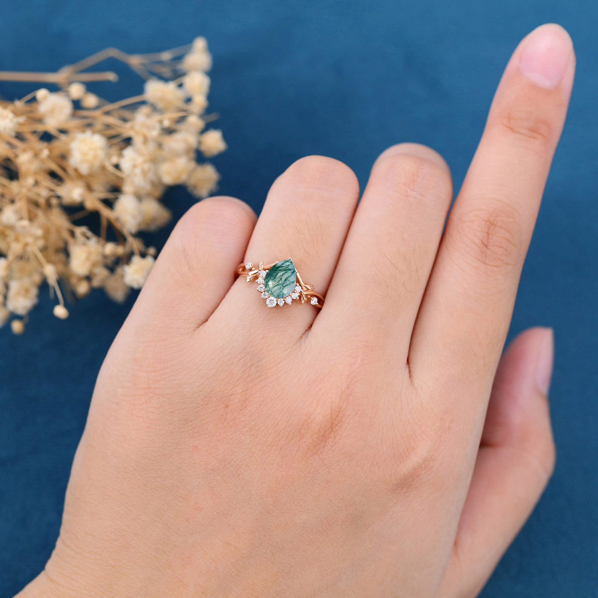 Nature Inspired Pear cut Moss Agate Leaf Gold Engagement Ring