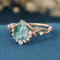 Nature Inspired Pear cut Moss Agate Leaf Gold Engagement Ring