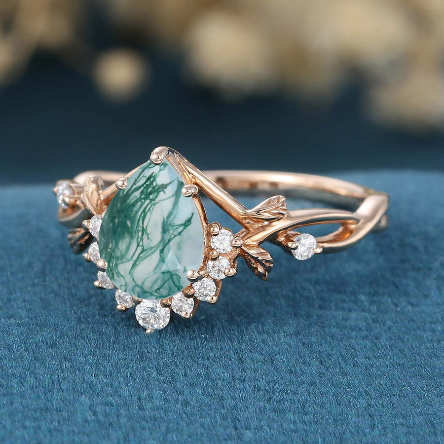 Nature Inspired Pear cut Moss Agate Leaf Gold Engagement Ring