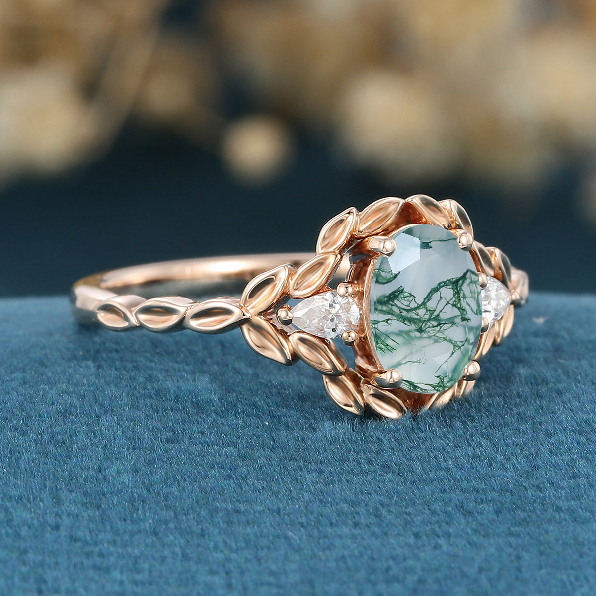 Nature Inspired Round cut Moss Agate Leaf Gold ring set