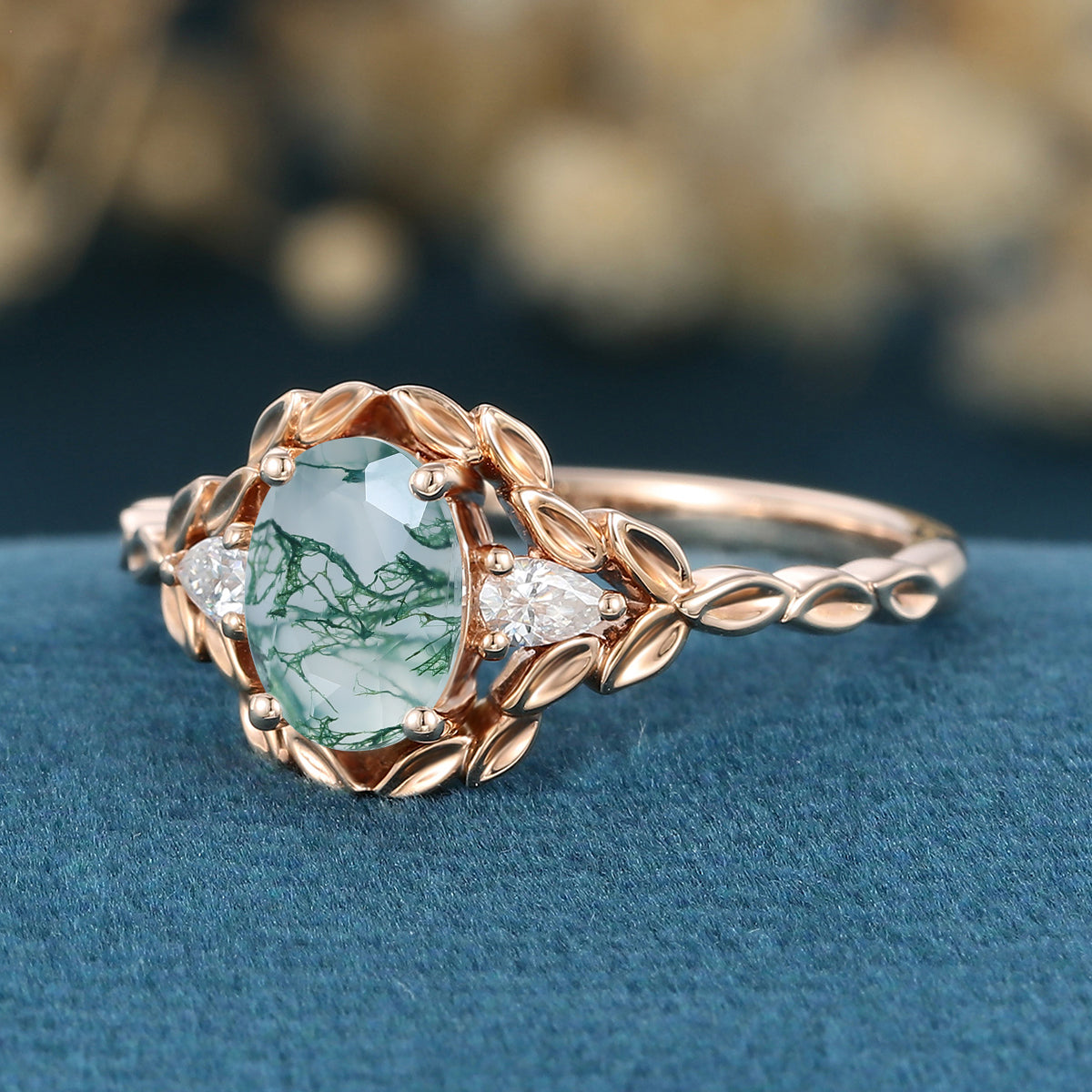 Nature Inspired Round cut Moss Agate Leaf Gold ring set