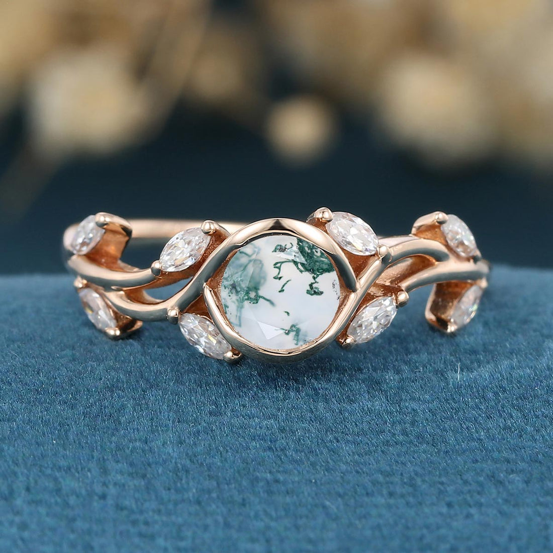 Nature Inspired Round cut Moss Agate Leaf Gold Engagement Ring