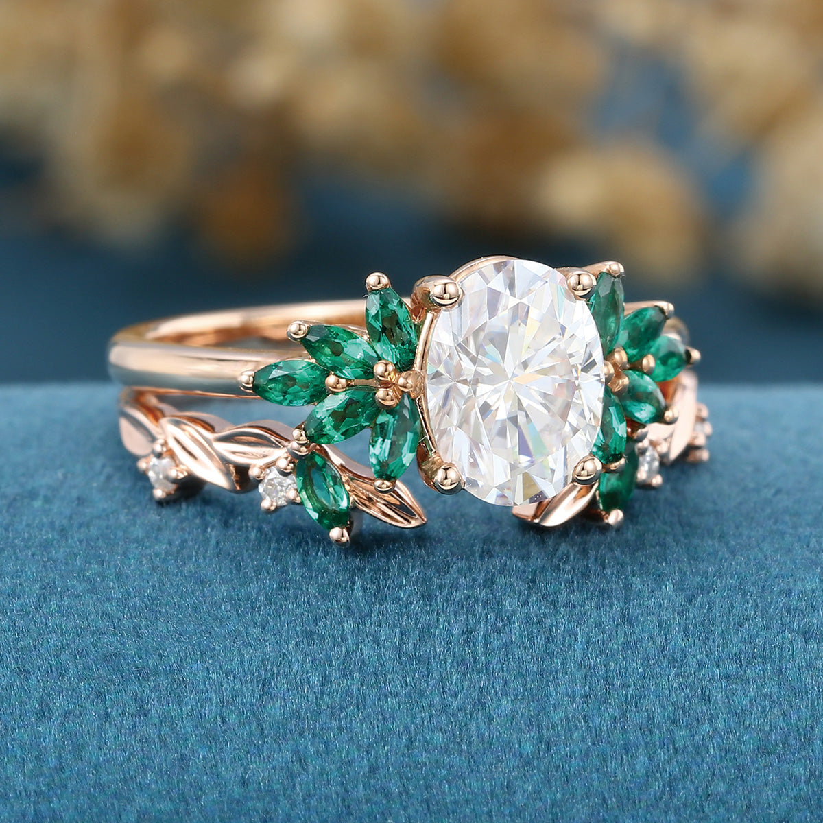 Oval cut Moissanite Rose Gold Matching Diamonds | Lab Grown Emerald Wedding bridal set