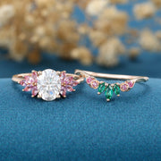 Oval cut Moissanite Matching Diamonds | Lab Grown Emerald |  Natural Pink Sapphires  Rose Gold Wedding Bridal Set