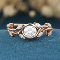 Nature Inspired Round cut Moissanite Leaf Gold Engagement Ring