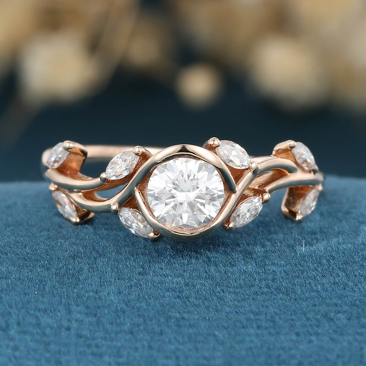 Nature Inspired Round cut Moissanite Leaf Gold Engagement Ring