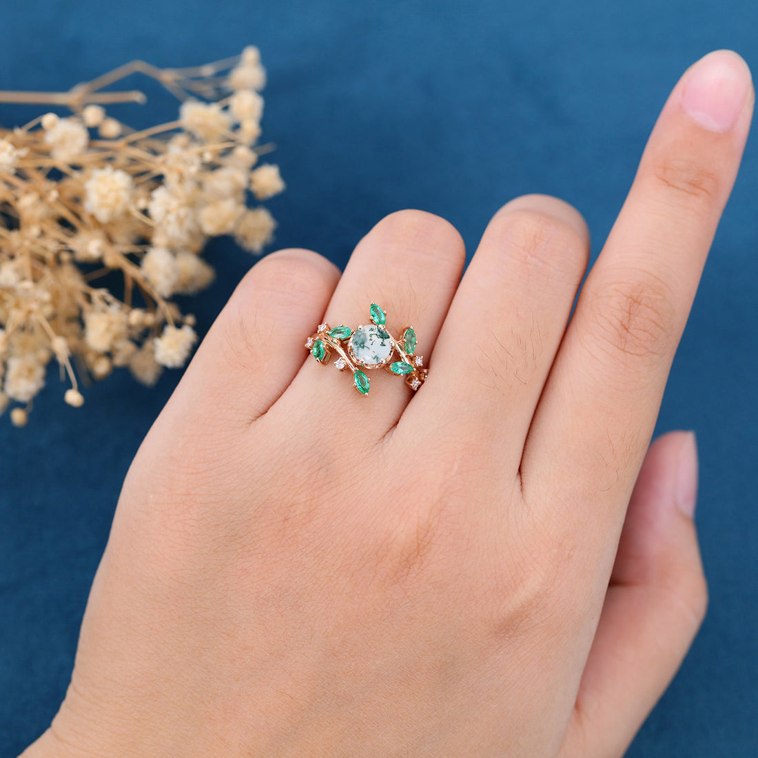 Nature Inspired Round cut Moss Agate cluster Gold Engagement Ring