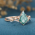 Kite Cut Natural Green Moss Agate Cluster Engagement Ring 