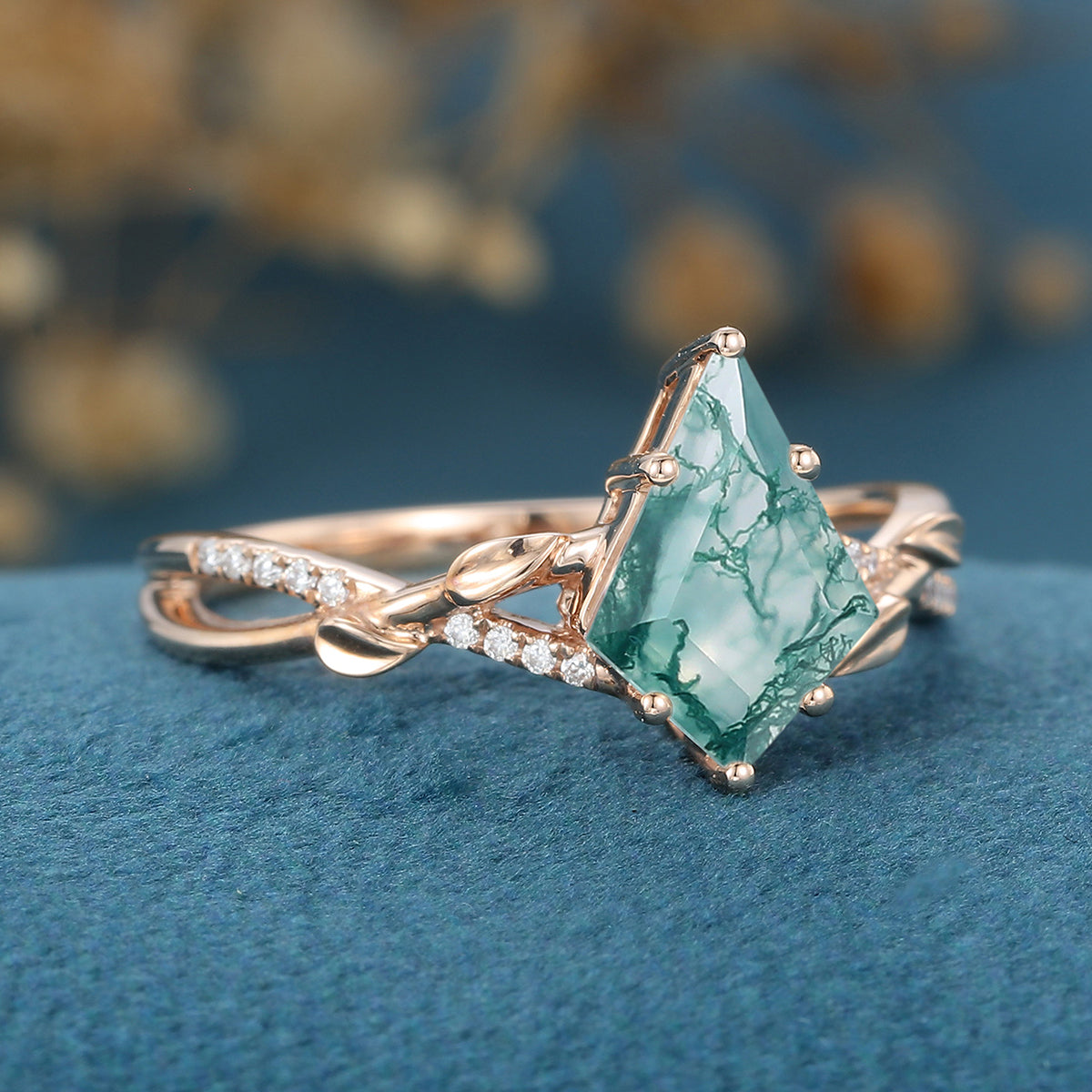 Kite Cut Natural Green Moss Agate Cluster Engagement Ring 